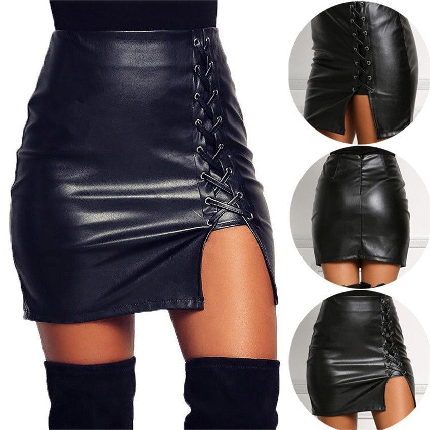 Black PU Lace Up Split Short Slim Skirt - Oh Yours Fashion - 2
