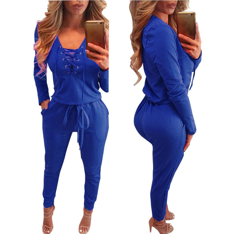Long Sleeve Lace Up Deep V-neck Draw String Waist Long Jumpsuit - Oh Yours Fashion - 6