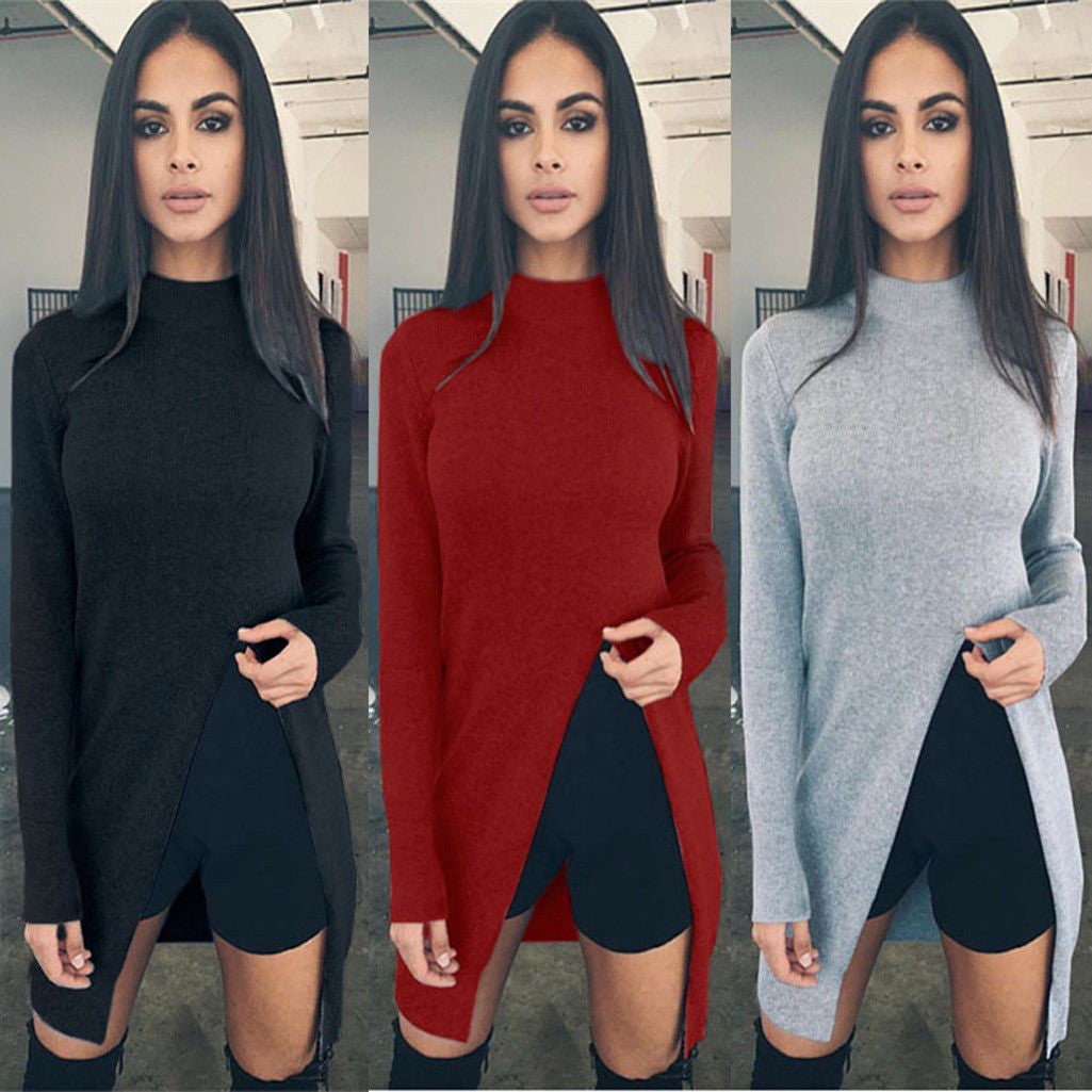 Fashion Front Split High Neck Long Sleeve Knit Long Sweater - Oh Yours Fashion - 1