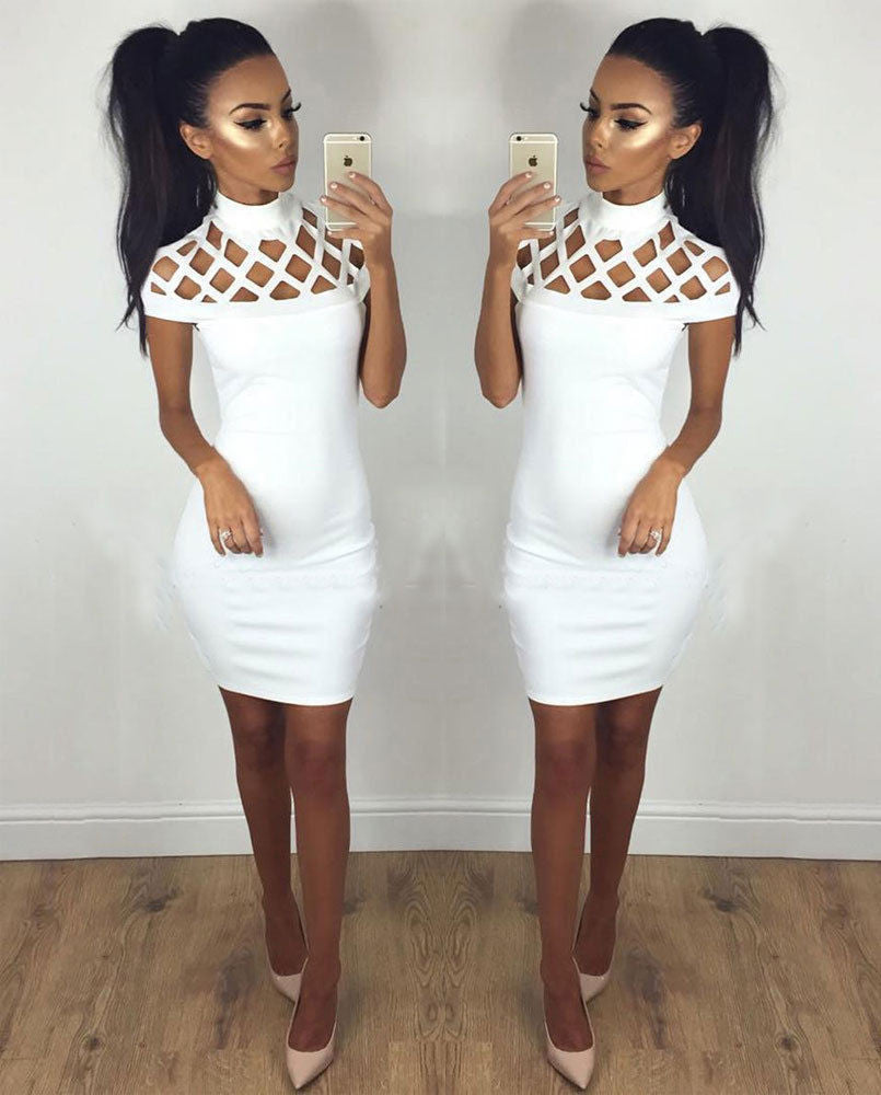 Sexy Hollow Out Short Sleeve Short Bodycon Dress - Oh Yours Fashion - 1