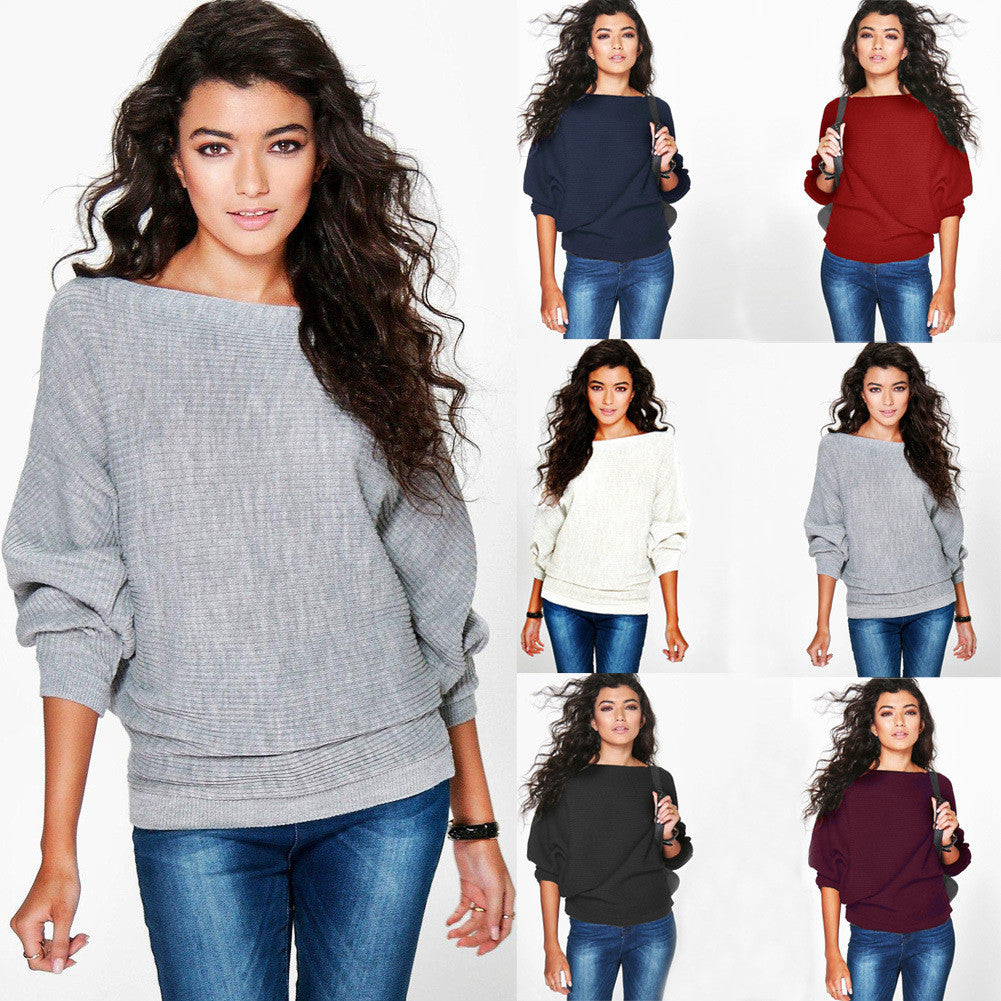 Fashion Loose Bat Sleeve Boat Neck Knit Women's Sweater - Oh Yours Fashion - 3