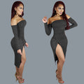 Off Shoulder Long Sleeve Front Split Bodycon Short Dress - Oh Yours Fashion - 5
