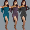 Off Shoulder Long Sleeve Front Split Bodycon Short Dress - Oh Yours Fashion - 1