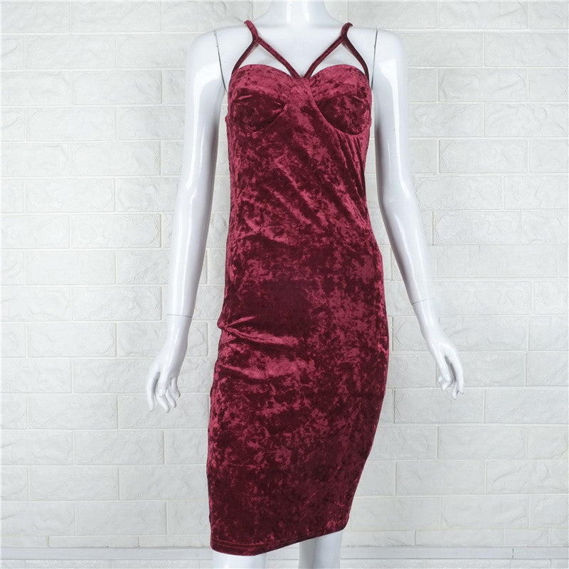 Sexy Spaghetti Strap Velvet Backless Bodycon Long Dress - Oh Yours Fashion - 4