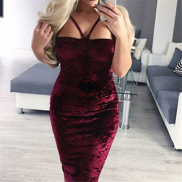 Sexy Spaghetti Strap Velvet Backless Bodycon Long Dress - Oh Yours Fashion - 1