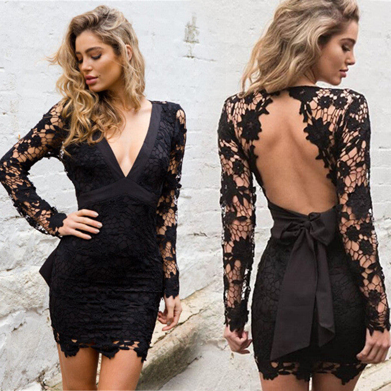 Lace Patchwork Long Sleeve Backless Bodycon Short Dress - Oh Yours Fashion - 1