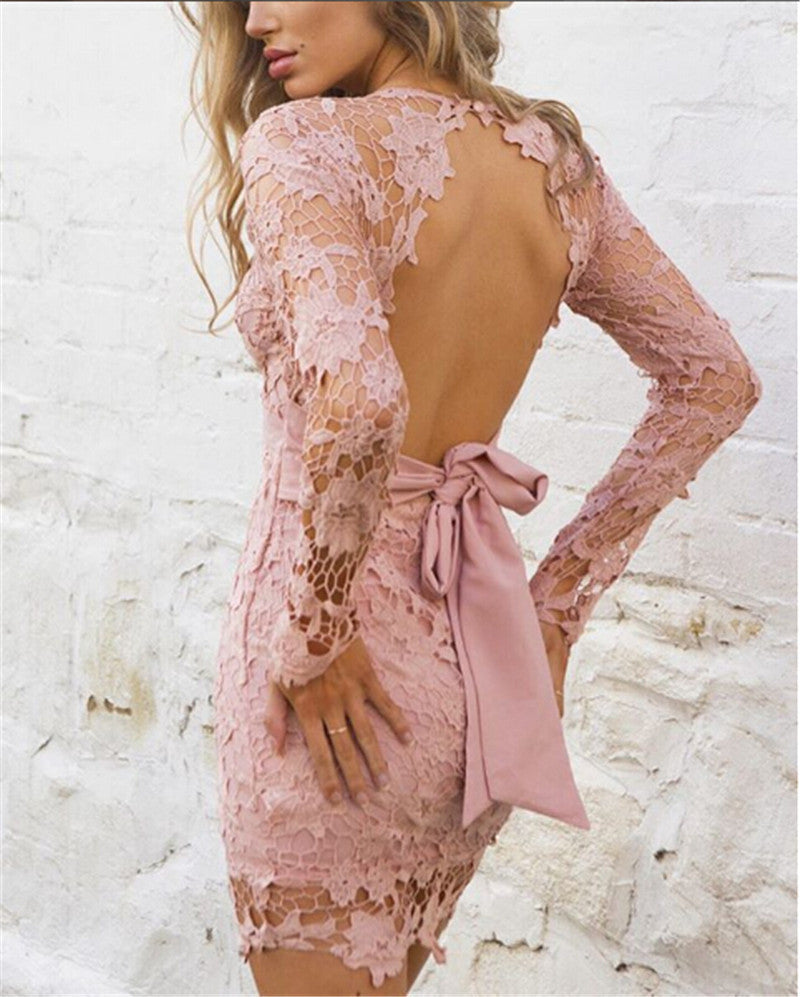 Lace Patchwork Long Sleeve Backless Bodycon Short Dress - Oh Yours Fashion - 5