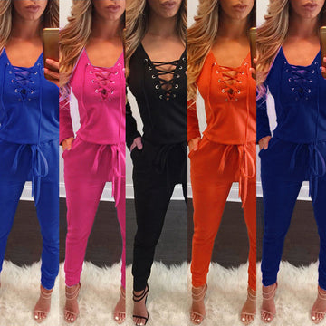 Long Sleeve Lace Up Deep V-neck Draw String Waist Long Jumpsuit - Oh Yours Fashion - 2