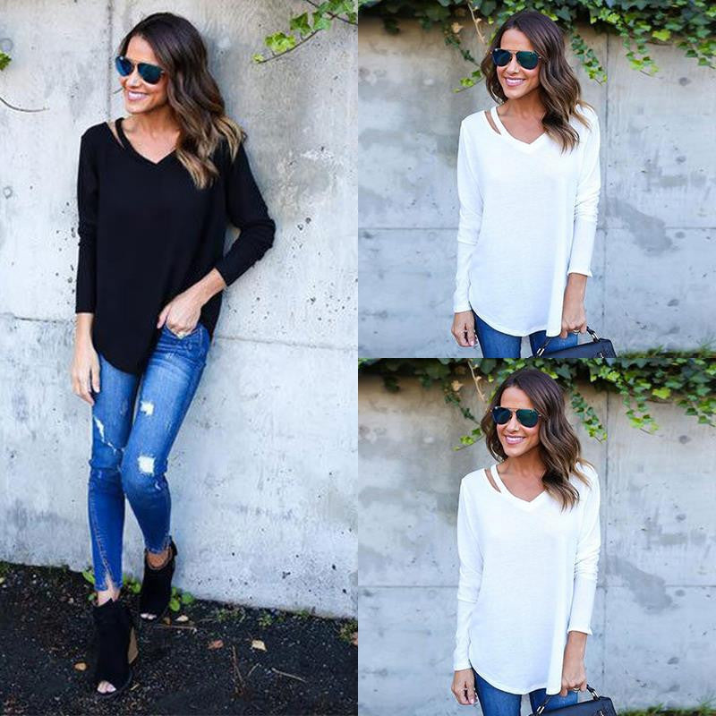 Pure Color V-neck Loose Irregular Blouse - Oh Yours Fashion - 7
