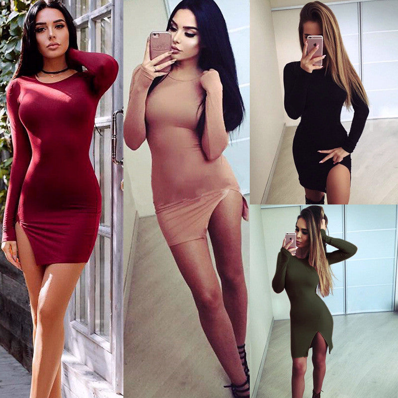 Sexy Side Slit Long Sleeve Scoop Bodycon Short Dress - Oh Yours Fashion - 1