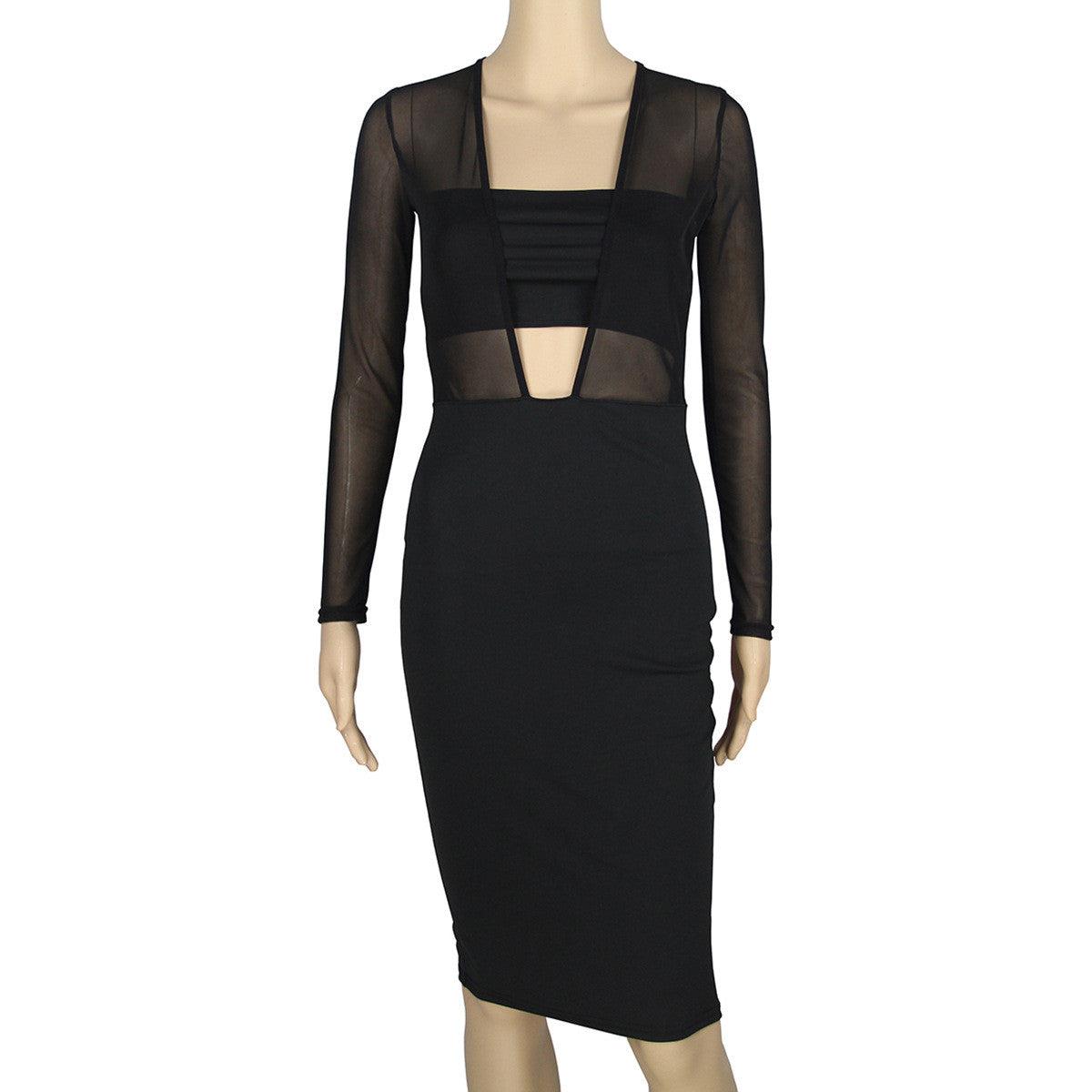 Black Mesh Patchwork Hollow Out Bodycon Knee-length Dress - Oh Yours Fashion - 6