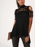 Hollow Out Back Split High Neck Irregular Blouse - Oh Yours Fashion - 3