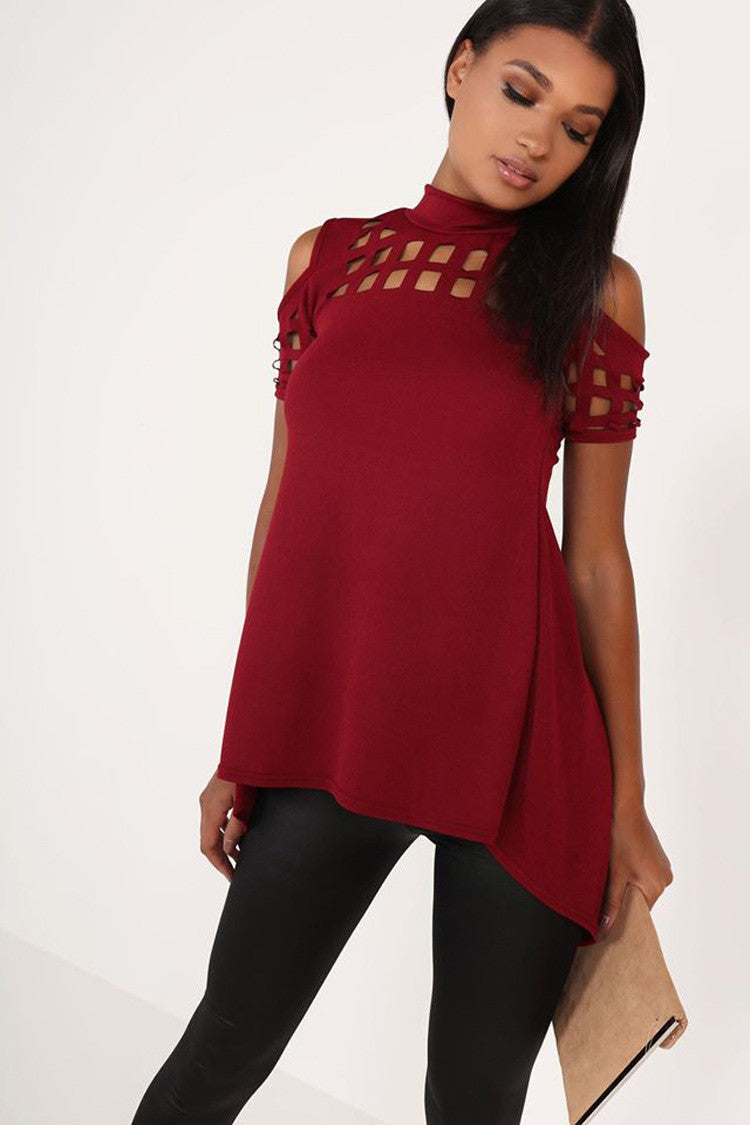 Hollow Out Back Split High Neck Irregular Blouse - Oh Yours Fashion - 6