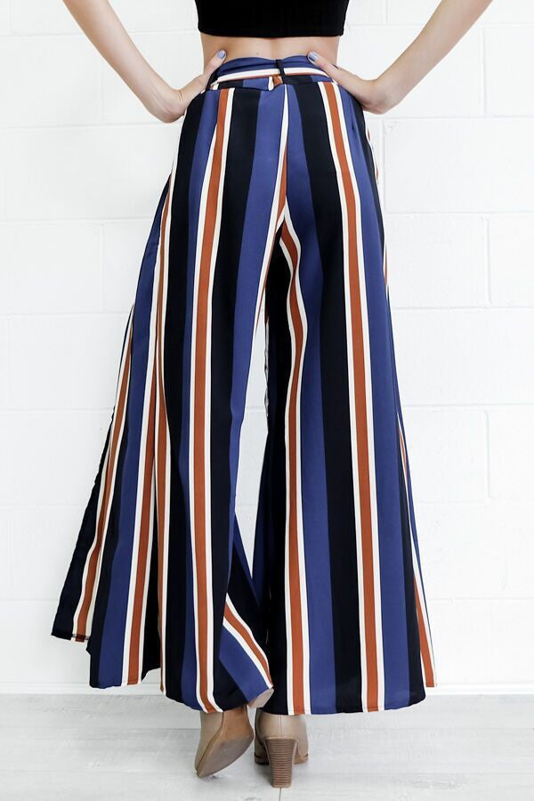 Multicolor Stripes Printed Side Split High Waist Wide Leg Pants - Oh Yours Fashion - 5