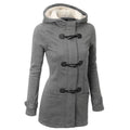 Unique Horn Style Buttons Pockets Solid Color Women Hooded Slim Coat