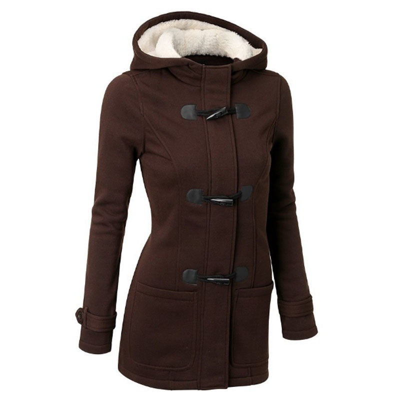 Unique Horn Style Buttons Pockets Solid Color Women Hooded Slim Coat