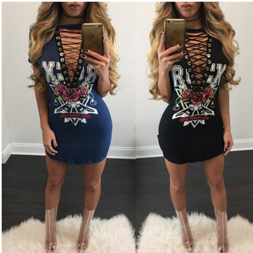 Punk Style Lace Up Deep V Neck Short Bodycon Dress - Oh Yours Fashion - 1