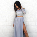 Off Shoulder Lace Long Sleeve Side Split Long Skirt Two Pieces Dress - Oh Yours Fashion - 5