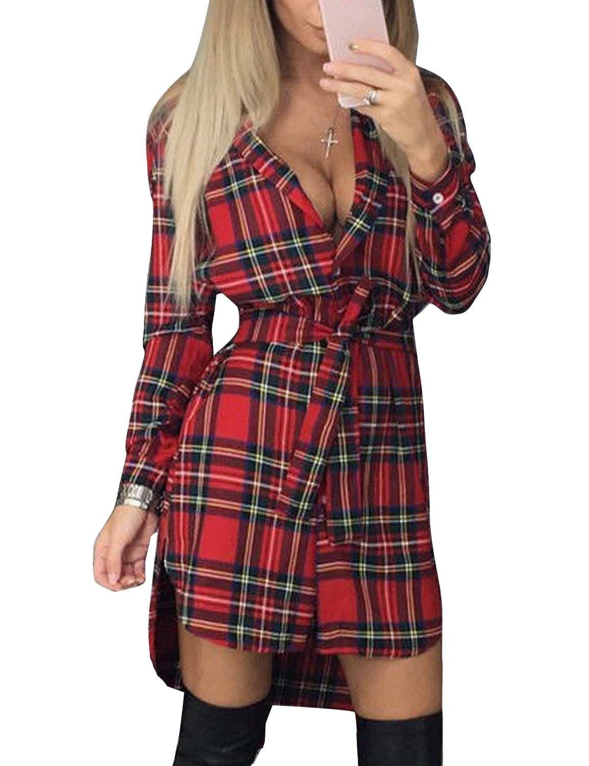 Long Sleeves Plaid Long Shirt Blouses With Belt - Oh Yours Fashion - 2