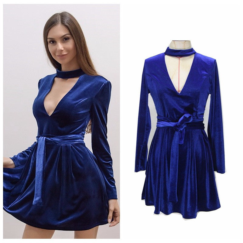 Sexy Blue V Halter Pleuche Belt Dress - Oh Yours Fashion - 4