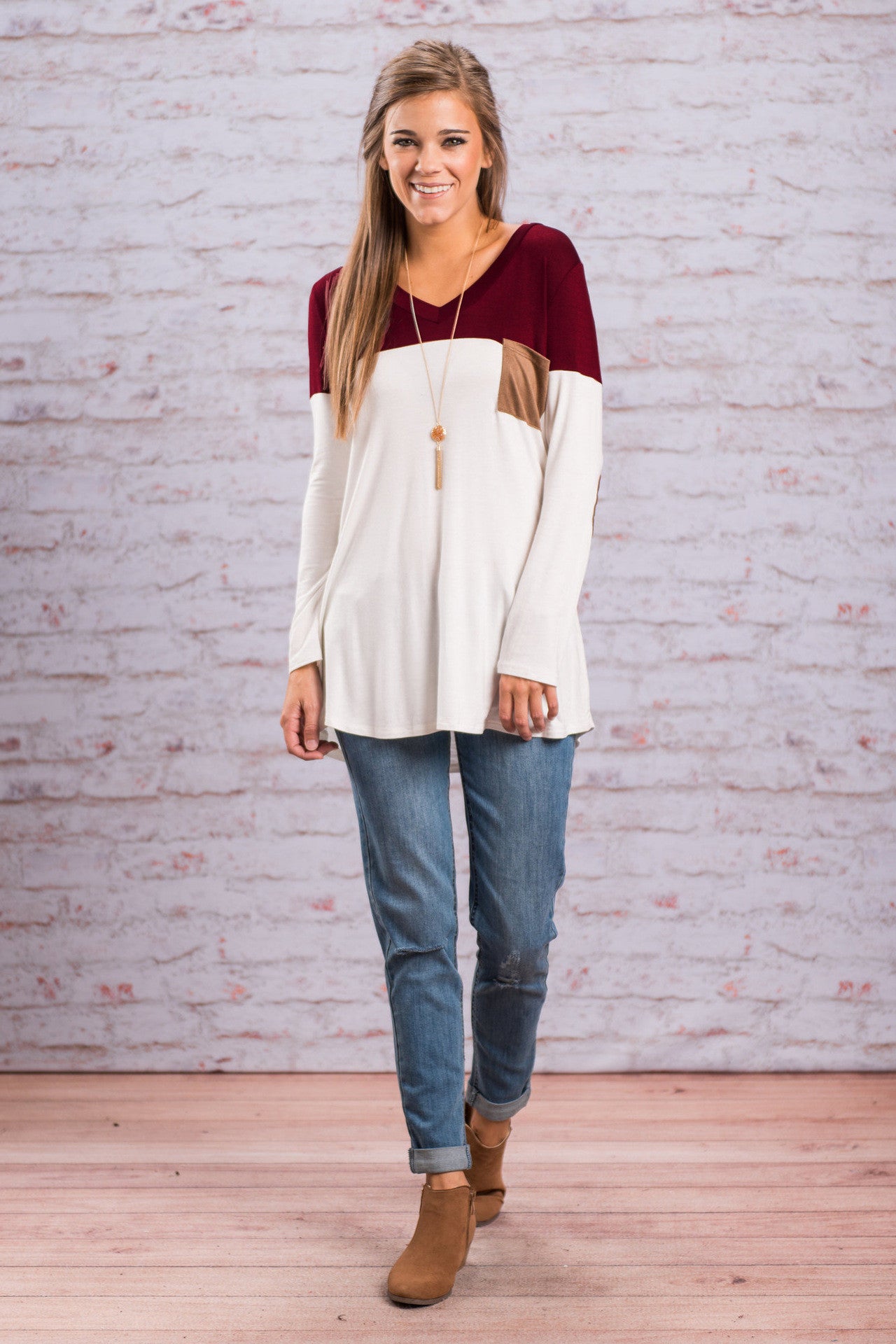 Fashion Contrast Color Long-Sleeve Round Neck Blouse - Oh Yours Fashion - 6