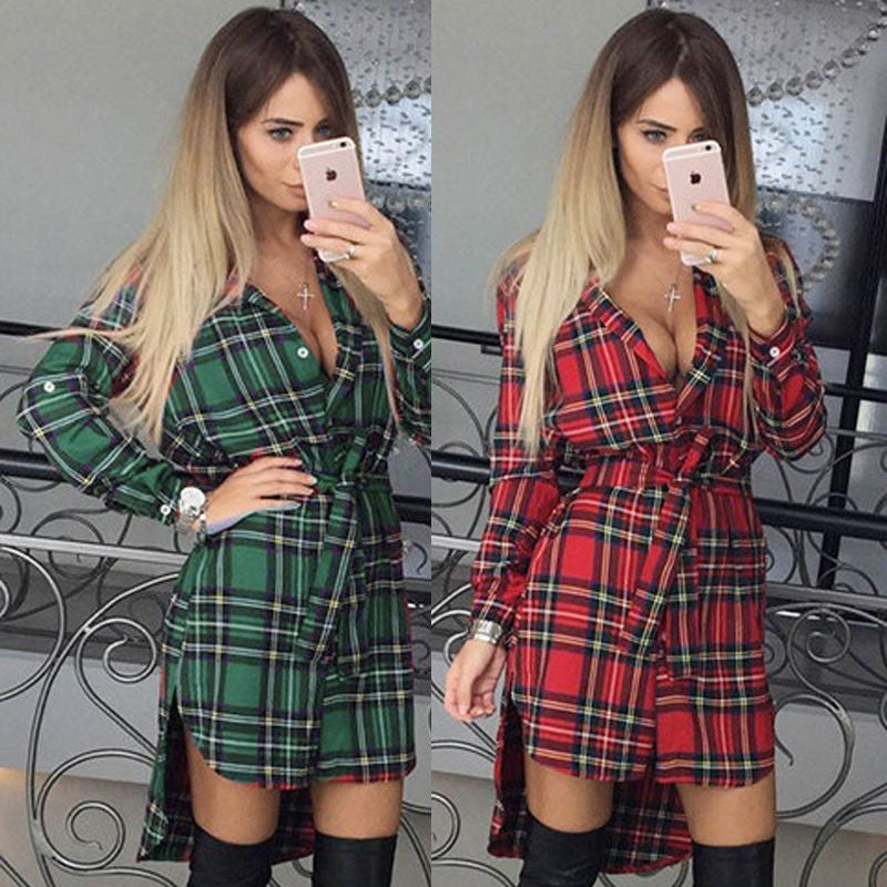 Long Sleeves Plaid Long Shirt Blouses With Belt - Oh Yours Fashion - 3