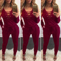 Long Sleeve Lace Up Deep V-neck Draw String Waist Long Jumpsuit - Oh Yours Fashion - 8