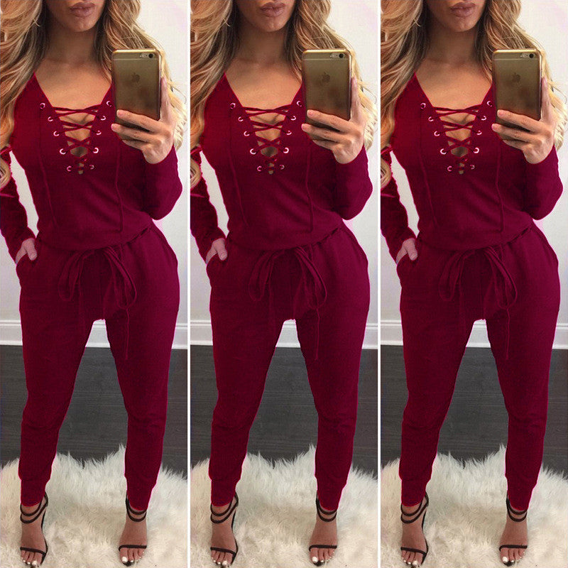 Long Sleeve Lace Up Deep V-neck Draw String Waist Long Jumpsuit - Oh Yours Fashion - 8