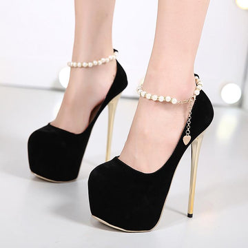 High Platform Pearl Ankle Strap Stiletto Heel Shoes
