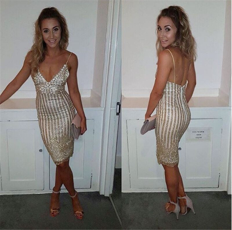 Sequins Spaghetti Strap Stripe Bodycon Knee-Length Dress - Oh Yours Fashion - 4