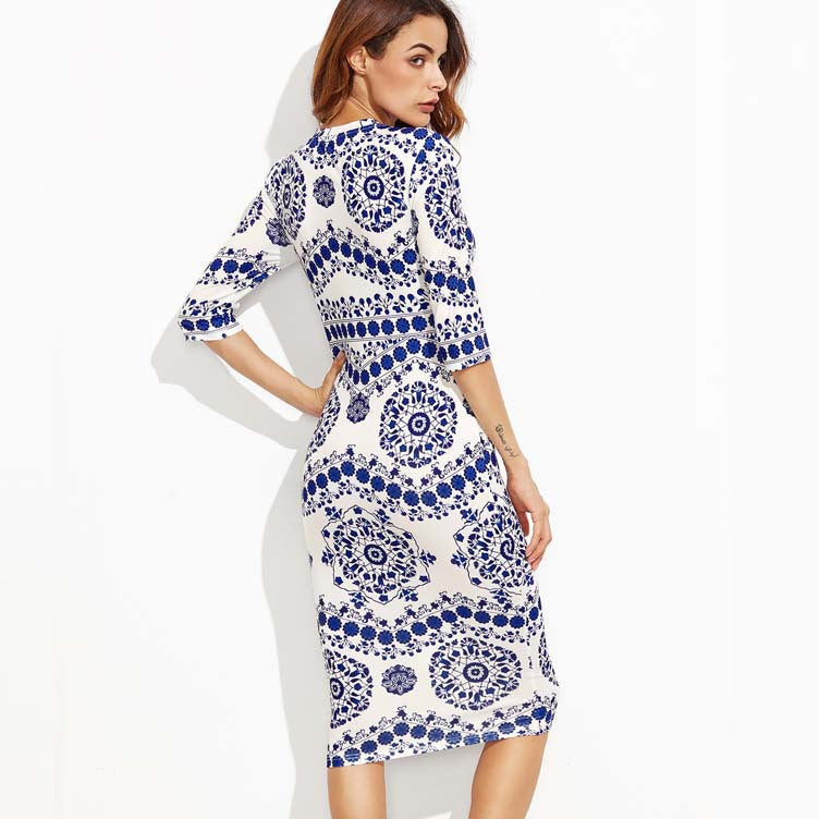 Digital Printing Blue And White Porcelain Slim Dress - Oh Yours Fashion - 4