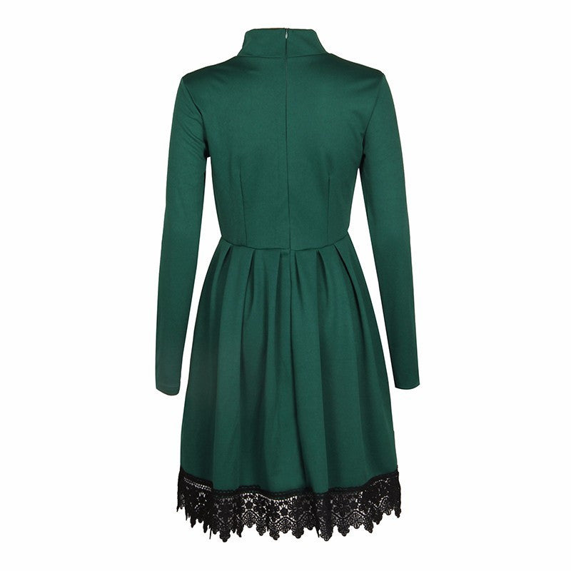 Scoop Long Sleeves Lace Patchwork Flared Pleated Knee-length Dress - Oh Yours Fashion - 6