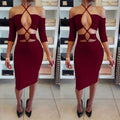Elastic Solid Color Hollow Out Sexy Halter Bodycon Knee Length Dress - Oh Yours Fashion - 1