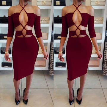 Elastic Solid Color Hollow Out Sexy Halter Bodycon Knee Length Dress - Oh Yours Fashion - 1