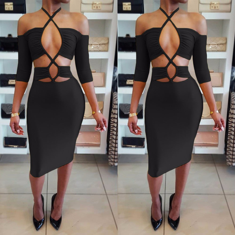 Elastic Solid Color Hollow Out Sexy Halter Bodycon Knee Length Dress - Oh Yours Fashion - 4