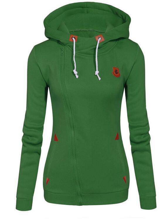 Side Zipper High Neck Drawstring Candy Color Slim Hoodie