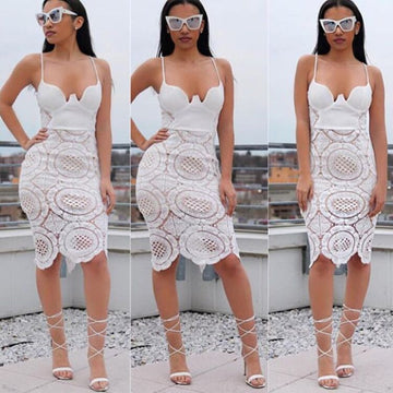 Sexy White Spaghetti Strap Hollow Out Lace Patchwork Knee-Length Dress - Oh Yours Fashion - 1