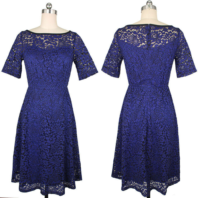 Elegant Floral Lace Short Sleeve Scoop Knee-Length Dress - Oh Yours Fashion - 8