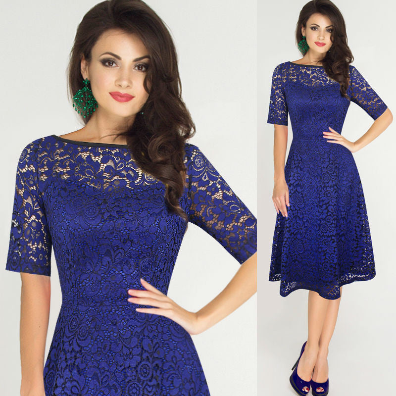 Elegant Floral Lace Short Sleeve Scoop Knee-Length Dress - Oh Yours Fashion - 6