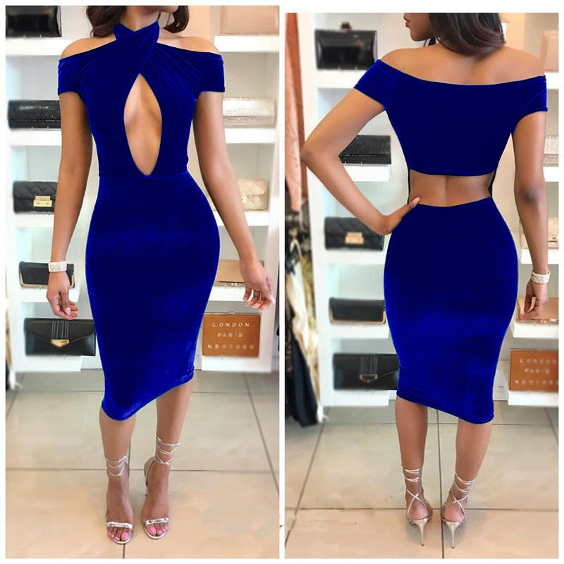 Sexy Off Shoulder Halter Hollow Out Knee-length Bodycon Dress - Oh Yours Fashion - 5