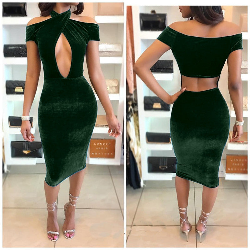 Sexy Off Shoulder Halter Hollow Out Knee-length Bodycon Dress - Oh Yours Fashion - 4