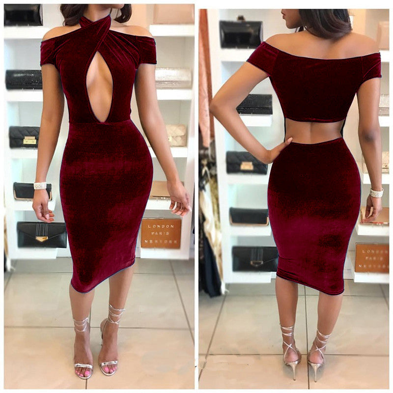 Sexy Off Shoulder Halter Hollow Out Knee-length Bodycon Dress - Oh Yours Fashion - 1
