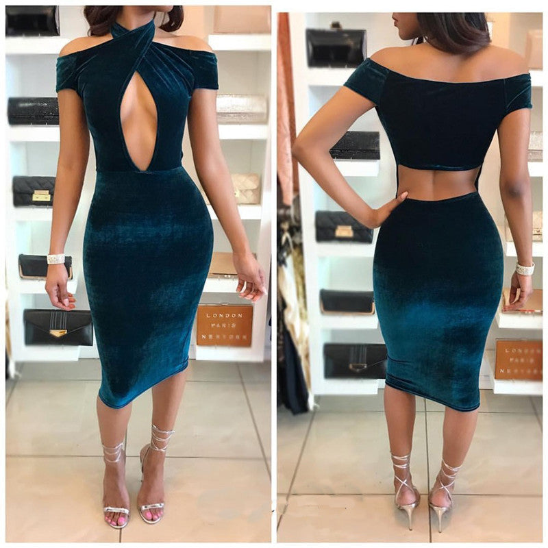 Sexy Off Shoulder Halter Hollow Out Knee-length Bodycon Dress - Oh Yours Fashion - 6