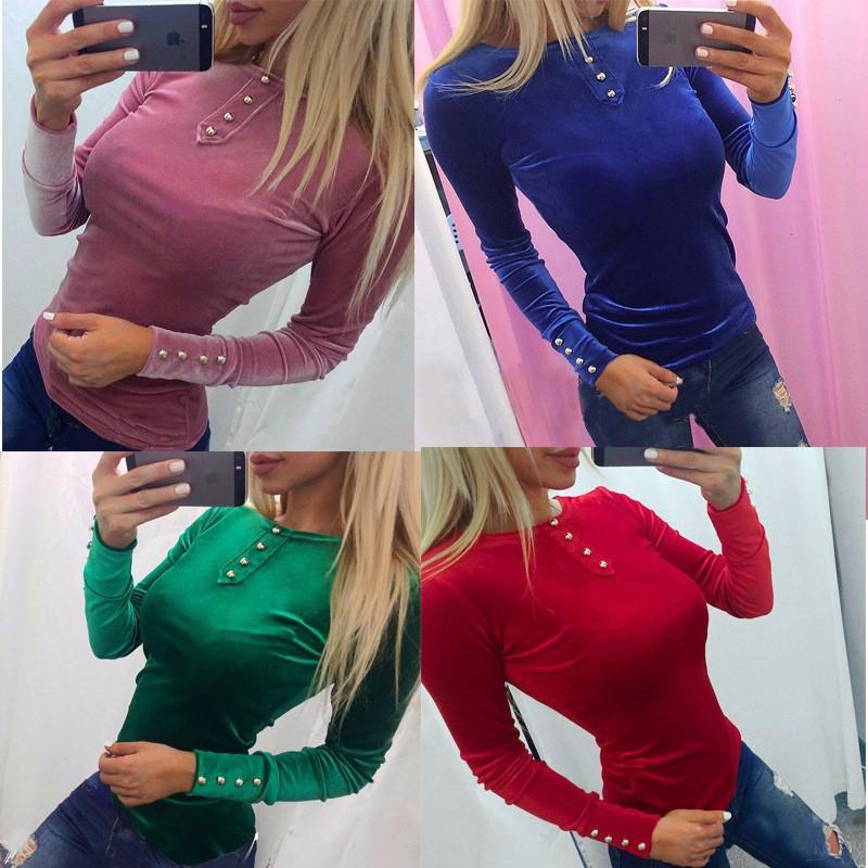 Scoop Long Sleeve Button Decorate Pure Color Slim T-shirt