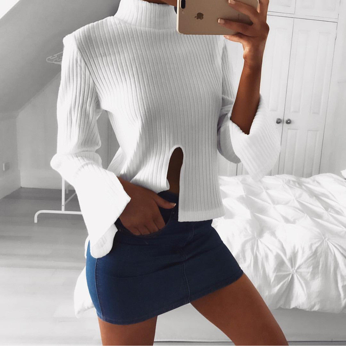 High Neck Stretchy Ribbed-Knit Split Long Sleeve Blouse - Oh Yours Fashion - 1