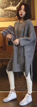 Gray Slitting Irregular Knitting Long Sweater - Oh Yours Fashion - 2