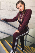 Pure Color Straps Hoodie with Pants Two Pieces Set