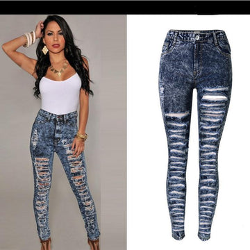 Straight Snow White Ripped Holes High Waist Skinny Plus Size Jeans - OhYoursFashion - 1