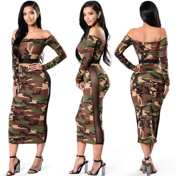 Print Off Shoudler Crop Top with Long Skirt Two Pieces Dress Set