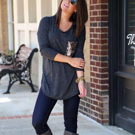 Scoop Sequins Pocket Long Sleeves Long Blouse - Oh Yours Fashion - 1